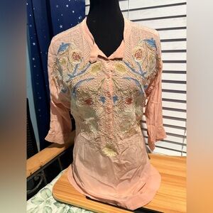 Johnny Was Floral Embroidered Blouse in Peach and Blue